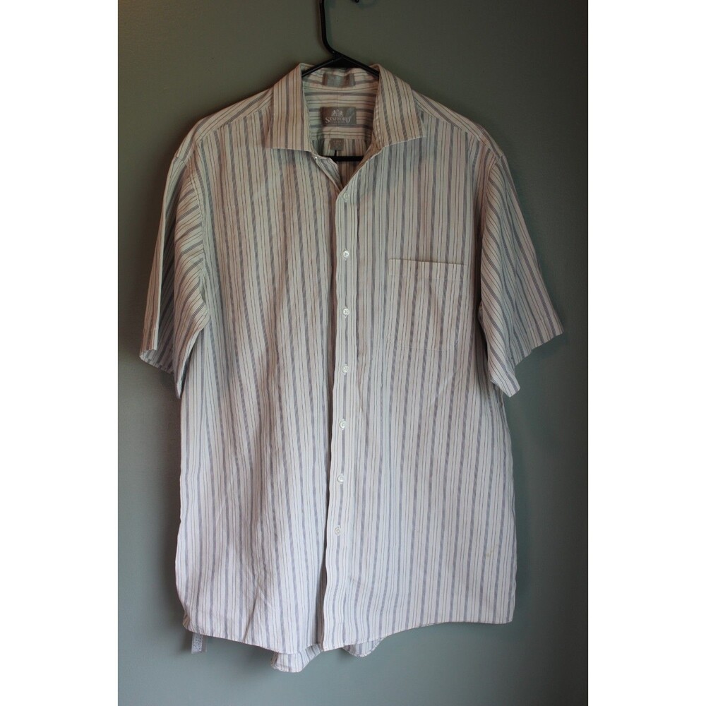 Mens Stafford X-Tall Button-up Short-sleeved Striped Size 17 1/2 35 STAINED